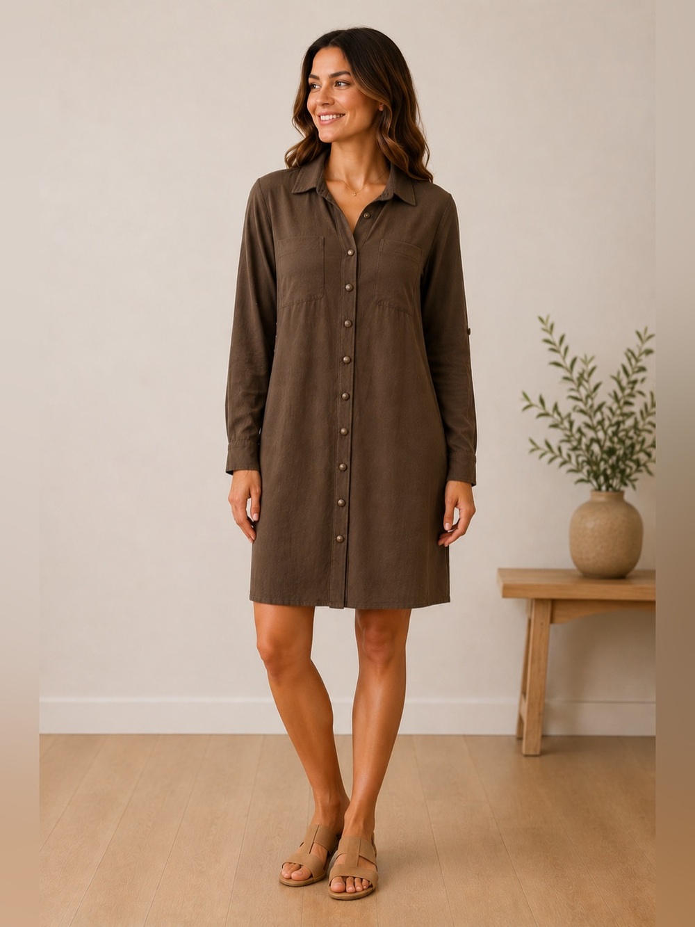 Soft Surroundings Olive Green Knit Modest Shirt Dress‎ Button Front Midi XL